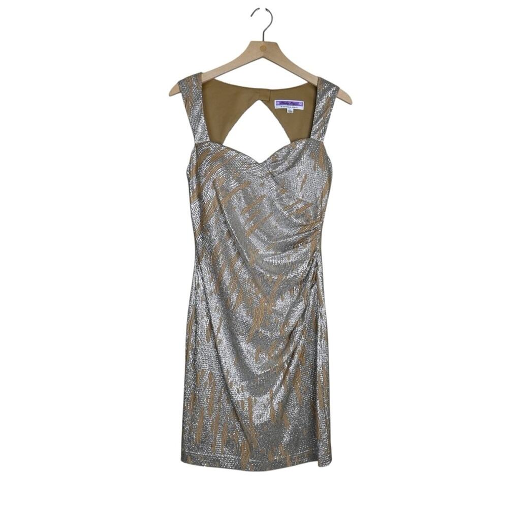 Hailey Logan by Adrianna Papell Womens L Gold Silver Ruched Mini Dress NEW